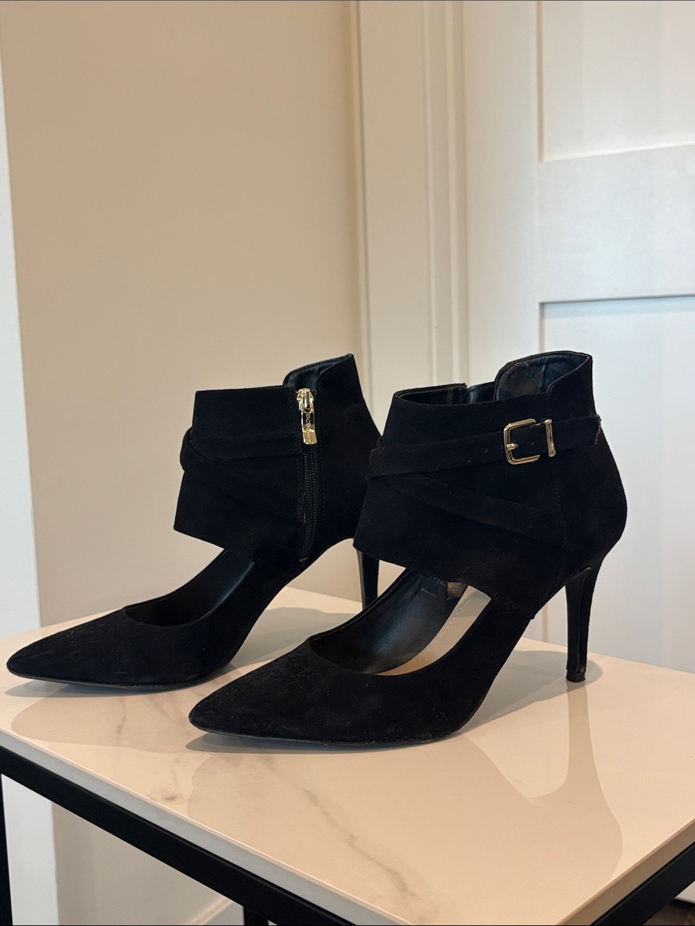 BCBGeneration Black Suede Pointed Ankle-Strap Heels